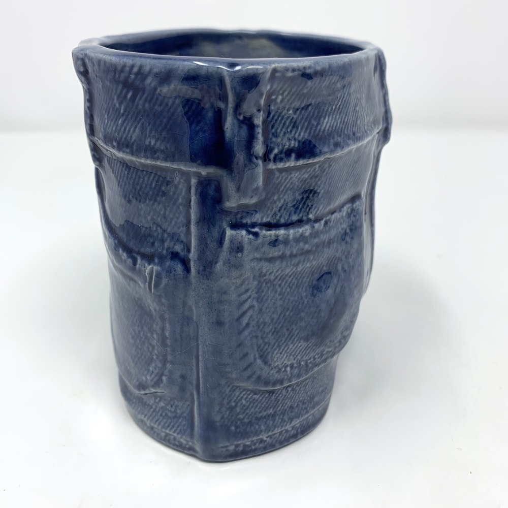 Vintage DENIM Look Blue Jeans Ceramic Planter Vase Textured Pop Art Novelty - Picture 6 of 11
